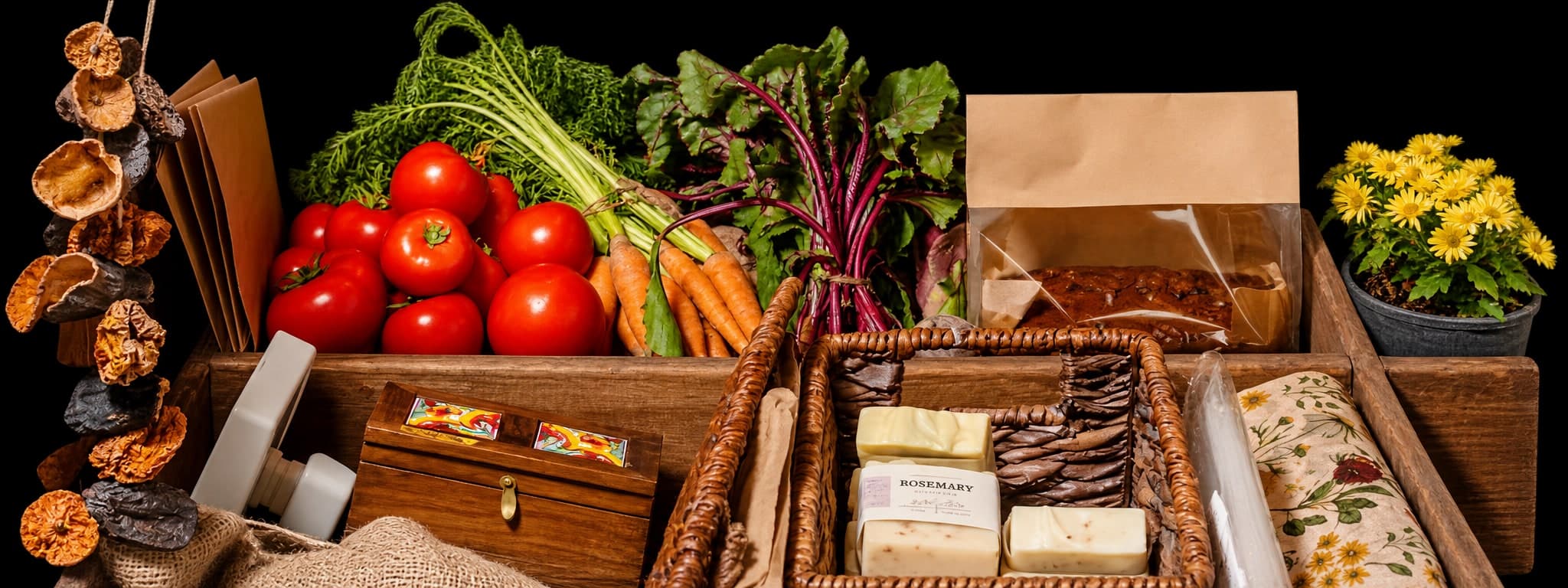 A market crate of tomatoes, carrots, beetroot, fresh bread, handmade soap and flowers